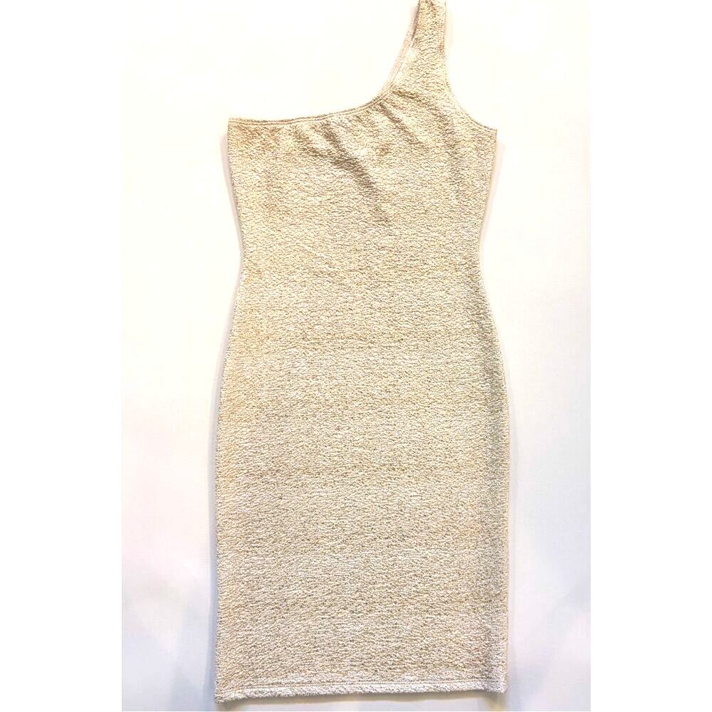 Body Central Women's One Shoulder Stretch Bodycon Mini Dress Beige Gold Medium